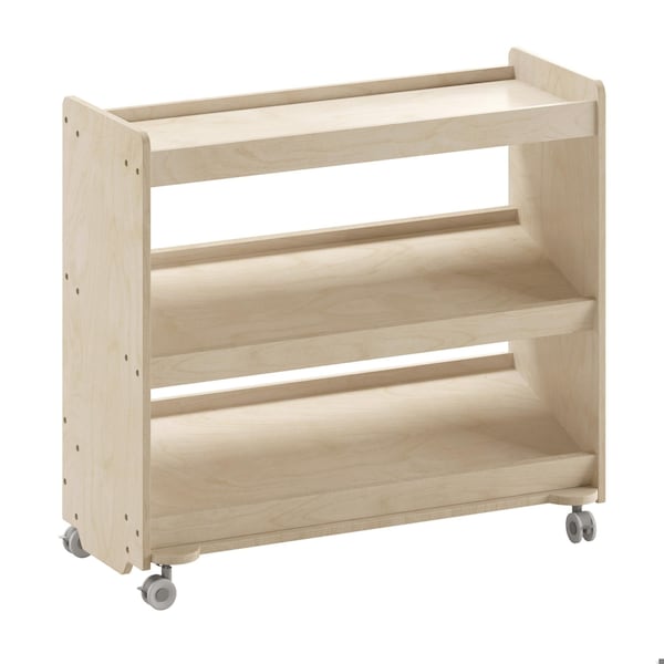 Flash Furniture Bright Beginnings Commercial Space Saving Wooden Mobile Classroom Storage Cart, 3 Angled Shelves, Locking Caster Wheels, Kid Friendly Design, Natural MK-ME13705-GG - main